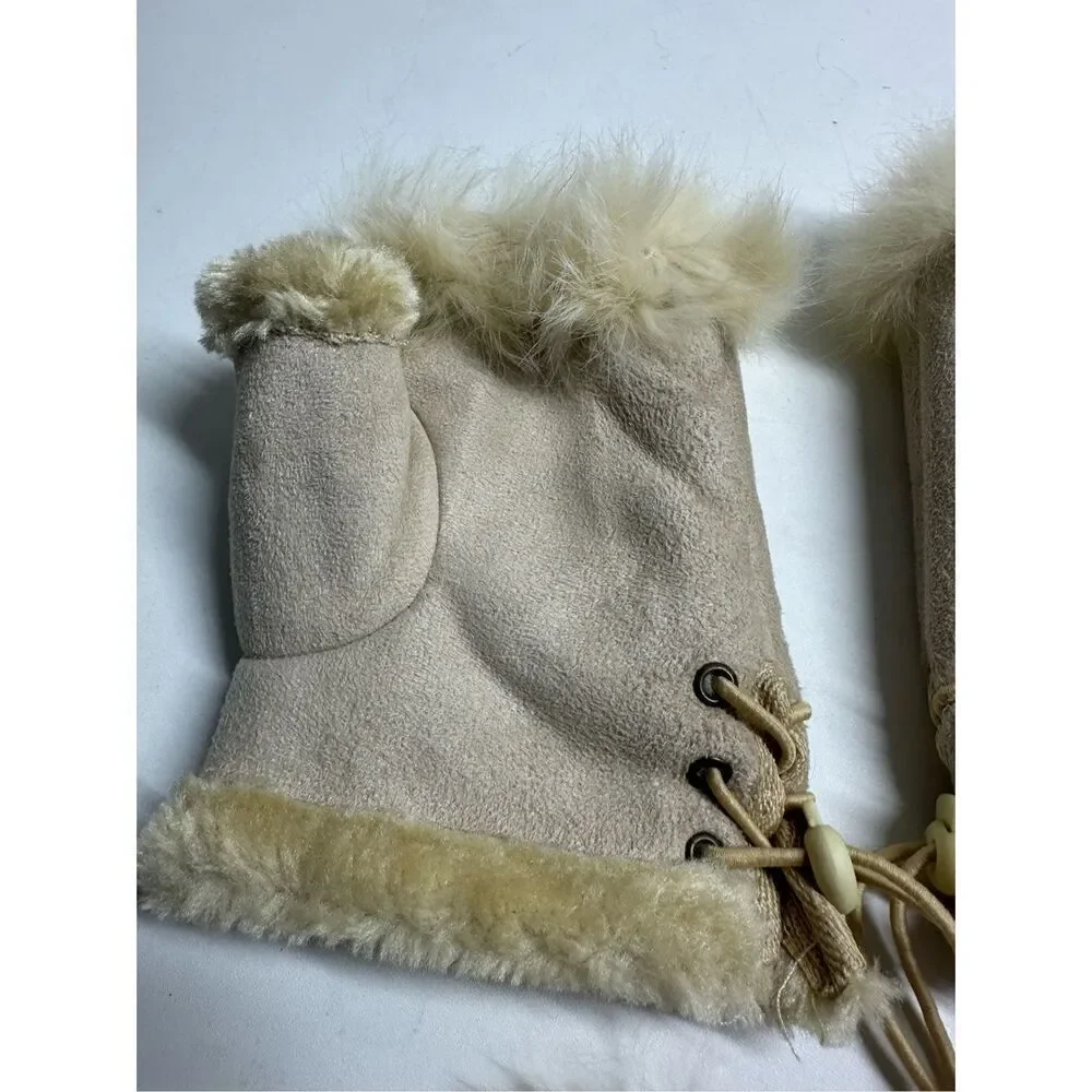 Women’s Faux Suede Fingerless Gloves Tan Beige One Size Rabbit Fur Trim Lace Up